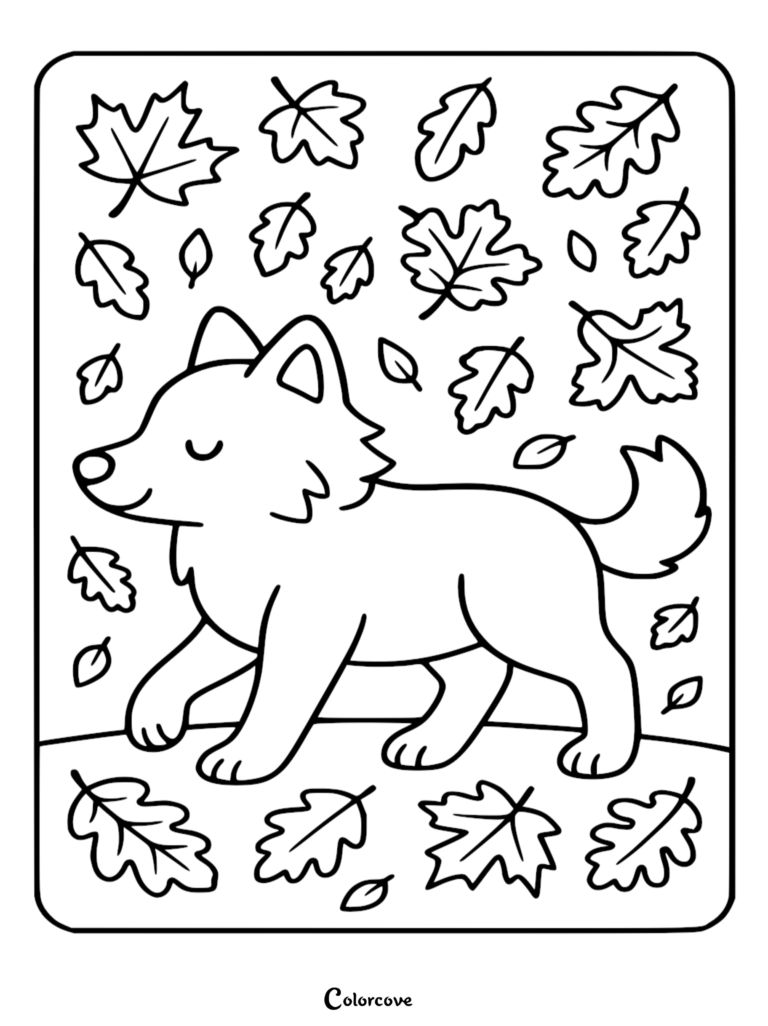 A cute wolf walking through falling autumn leaves in this free printable coloring page.