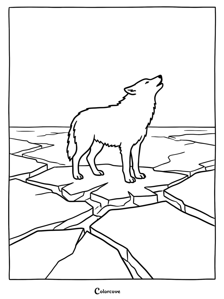 A lone wolf standing on cracked ice floes howling at the sky in this printable coloring page.