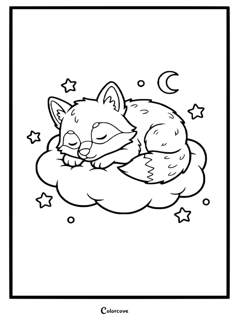 A cute baby wolf sleeping peacefully on a fluffy cloud surrounded by stars and a crescent moon in this printable coloring page.