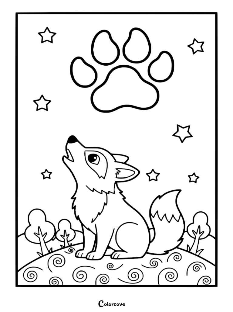 A cute wolf pup howling at a large paw print in a starry night sky, featured in this printable coloring page.