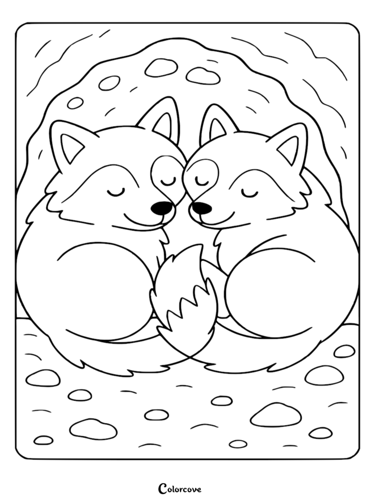 Two cute wolves sleeping curled up together in a den, printable coloring page.