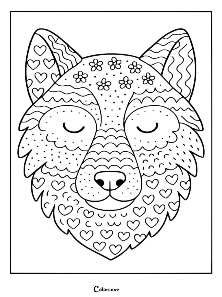 A Zentangle-inspired wolf coloring page featuring a stylized wolf head decorated with hearts, flowers, and wavy patterns.