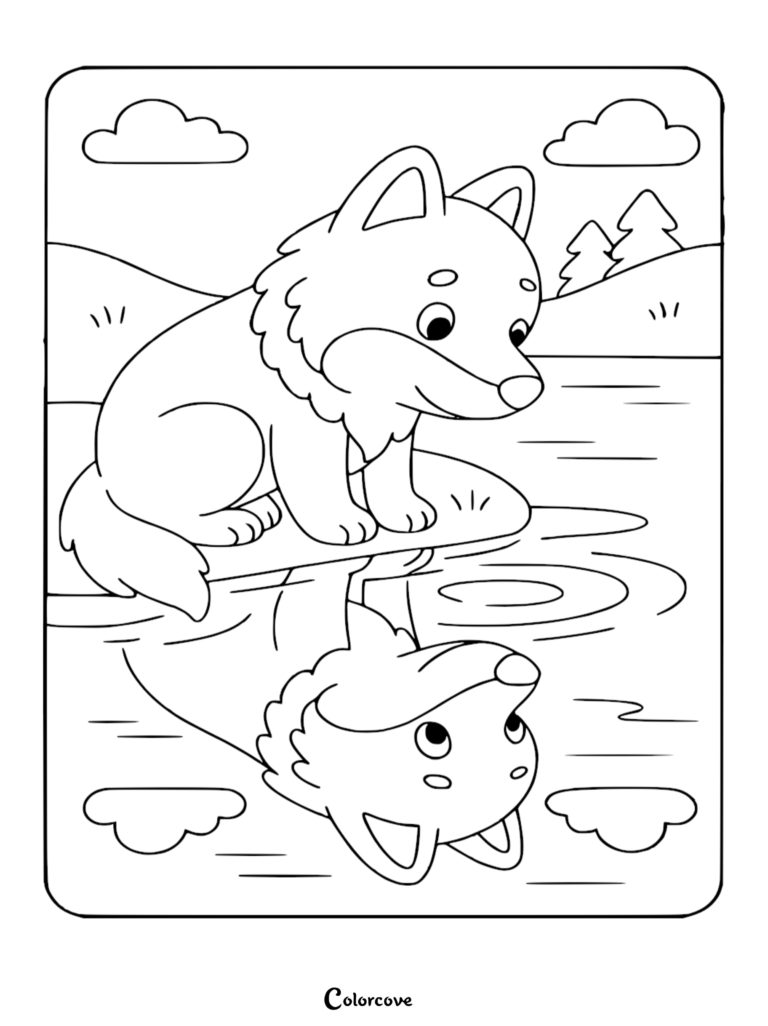 A cute wolf sitting by a lake looking at its reflection in the water in this printable coloring page.