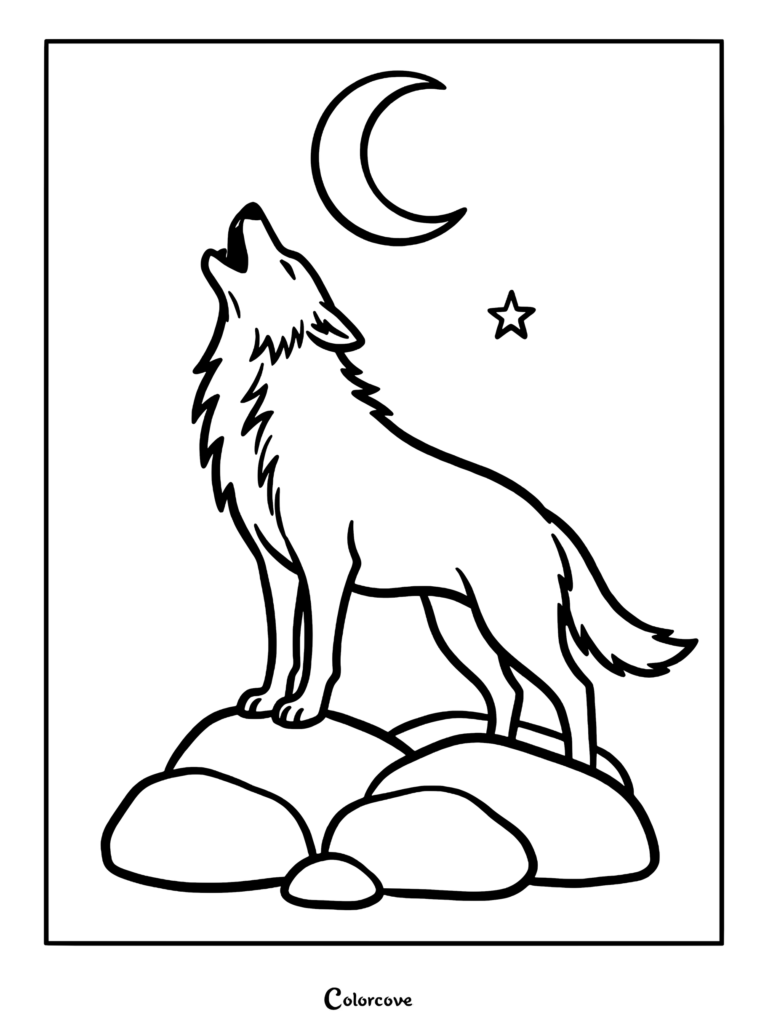 A printable coloring page featuring a lone wolf standing on rocks and howling at a crescent moon and a single star.