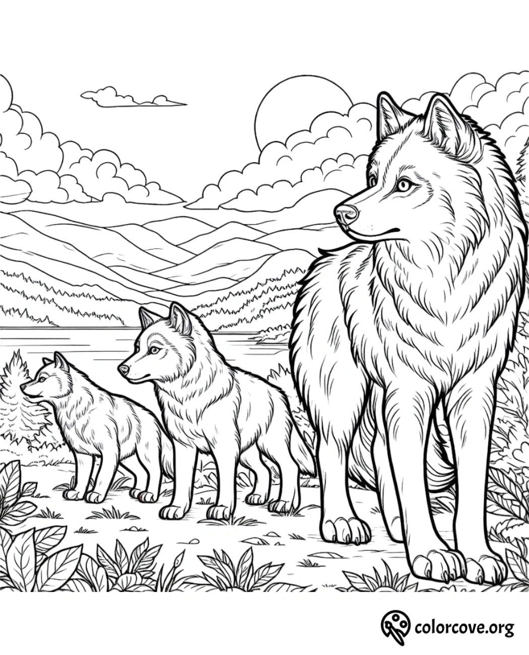 a group of wolves in a line art