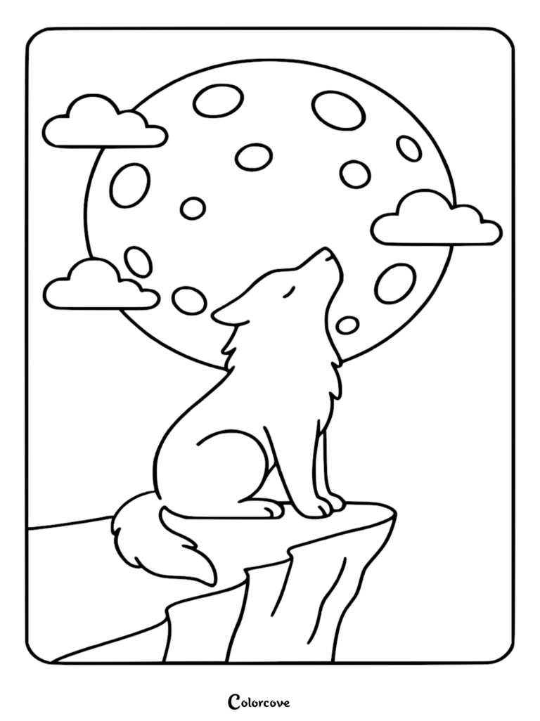 A wolf howling at a large full moon on a cliffside in this free printable coloring page.