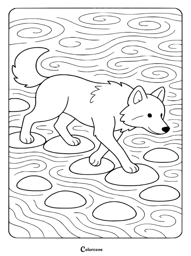 A wolf walking across stepping stones in a swirling river on a printable coloring page.