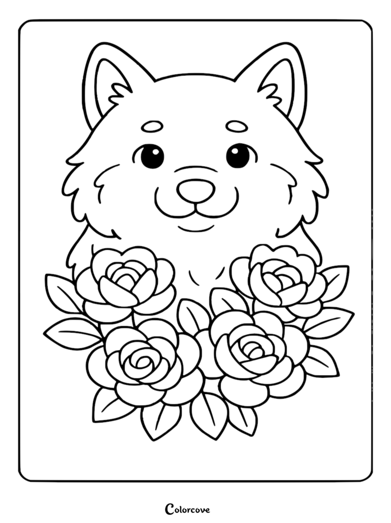 A cute wolf head surrounded by blooming roses in this free printable wolf coloring page.