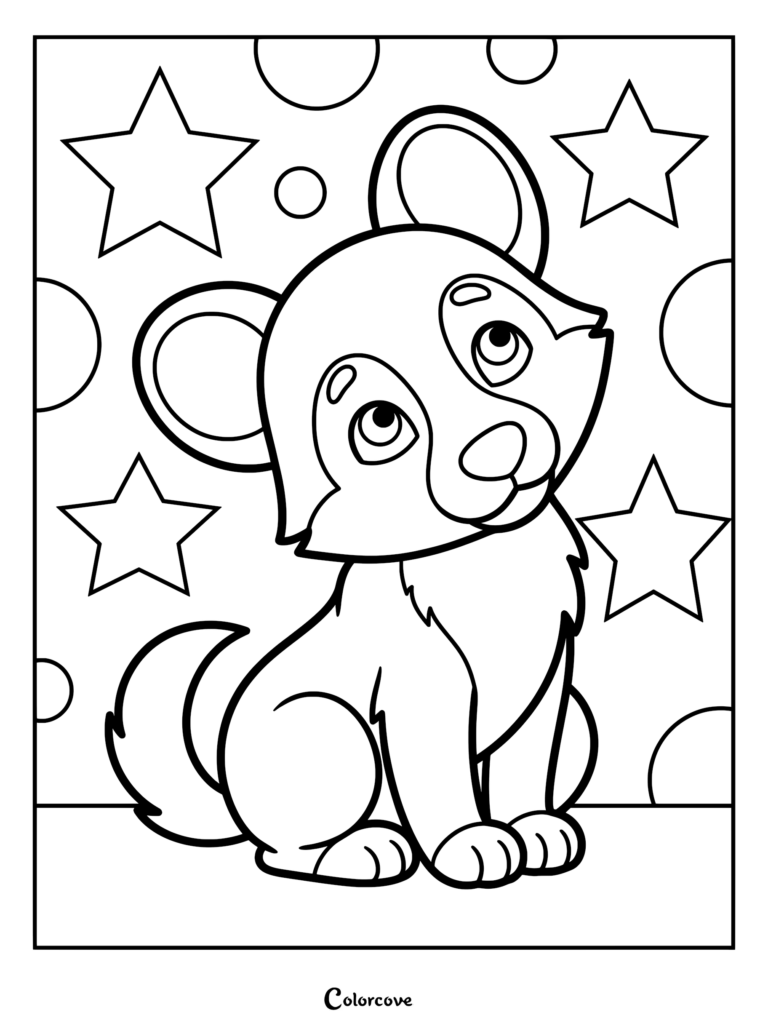 A cute wolf pup sitting and looking up, surrounded by stars and circles in this printable coloring page.