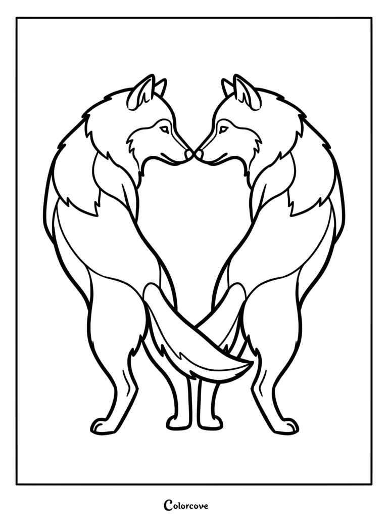 Two wolves standing facing each other with their heads and tails touching to create a heart shape in this printable wolf coloring page.