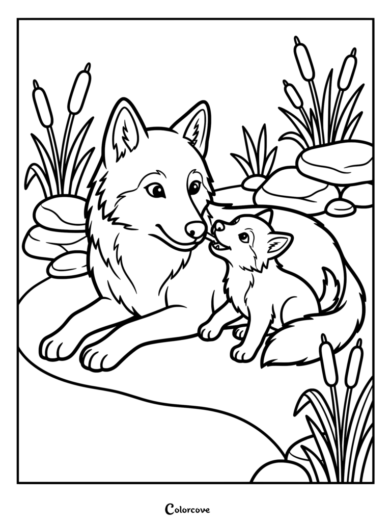A mother wolf and her pup sitting by a pond with cattails in this printable coloring page.