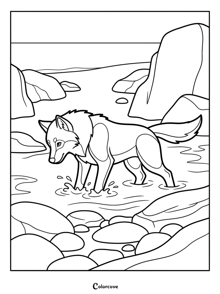A wolf wading through a shallow rocky stream in this printable coloring page.