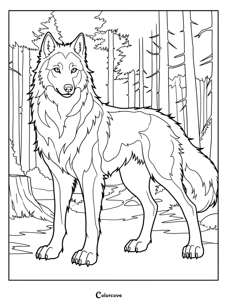 A detailed line art coloring page featuring a majestic wolf standing in a dense pine forest with a tree stump nearby.