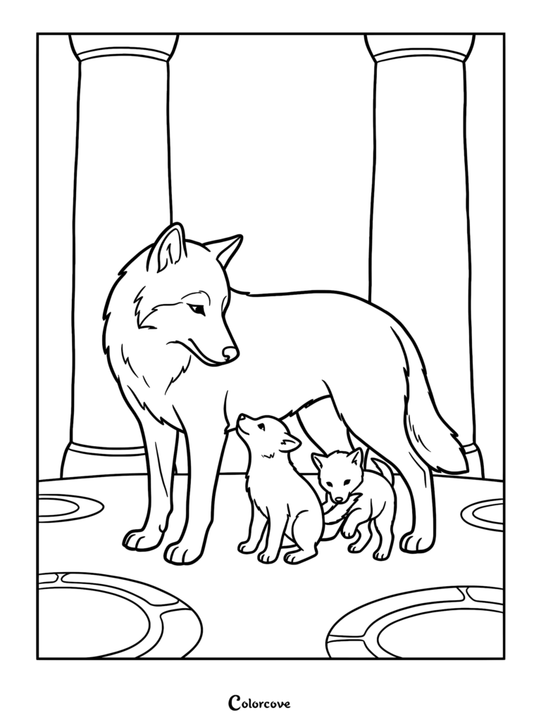 A mother wolf standing with two small pups between two stone pillars in a coloring page style.