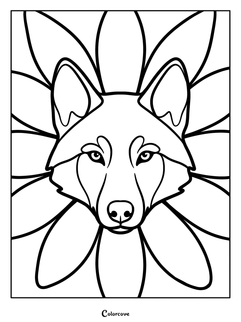 A symmetrical line art coloring page featuring a wolf head centered within a large blooming flower petal pattern.