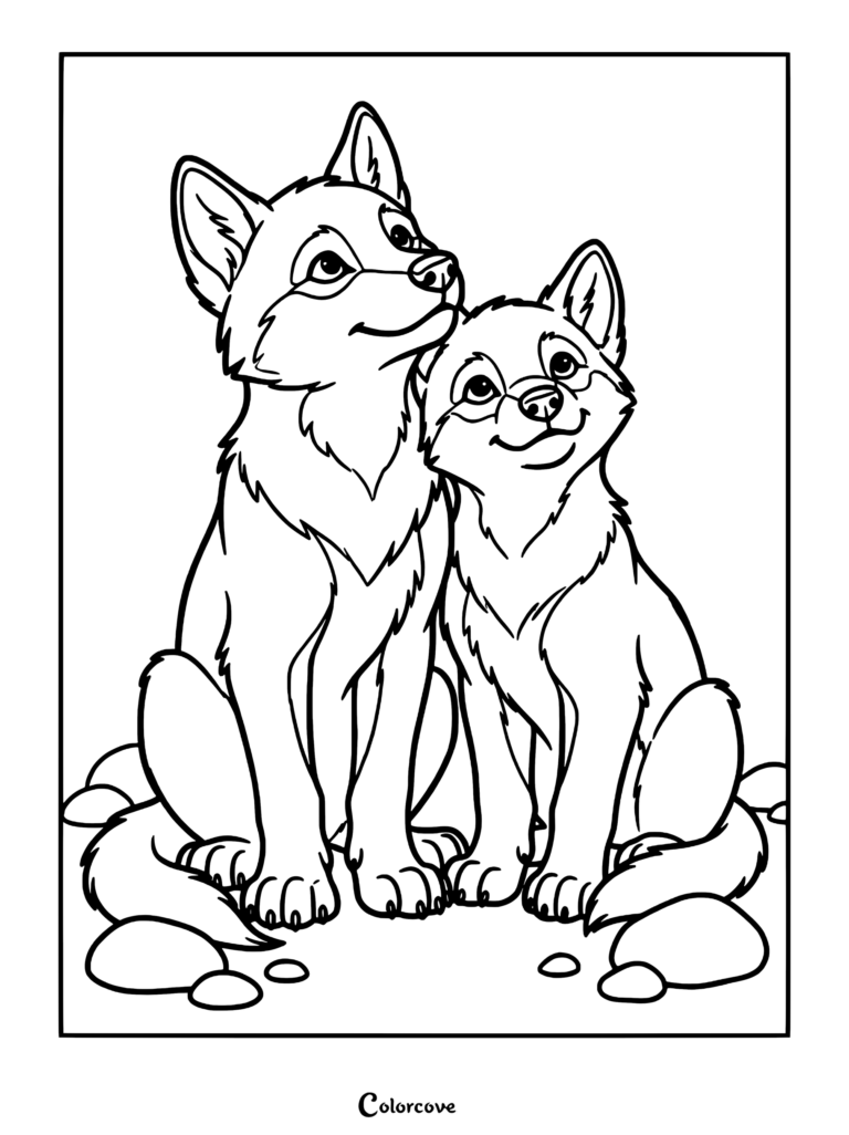 A printable coloring page featuring two friendly wolves sitting side by side and looking upward.