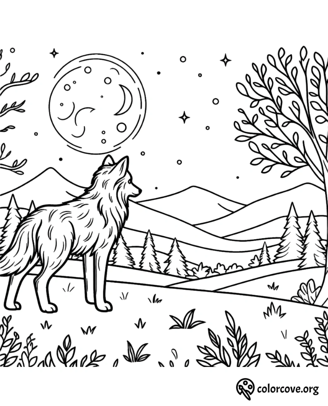 a black and white drawing of a wolf in a landscape