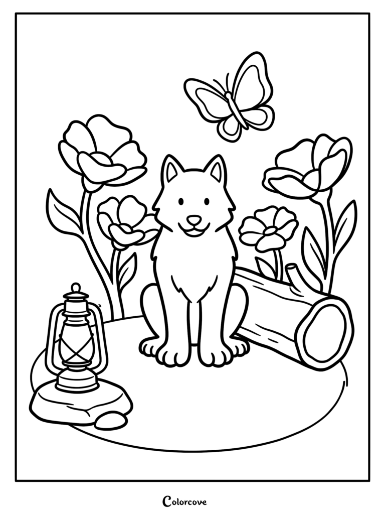 A cute wolf sitting in a garden with a lantern, log, and butterfly coloring page.