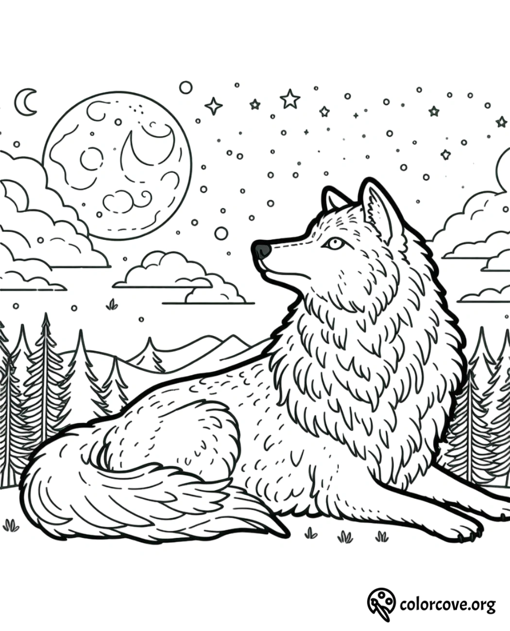 a black and white drawing of a wolf lying in a forest