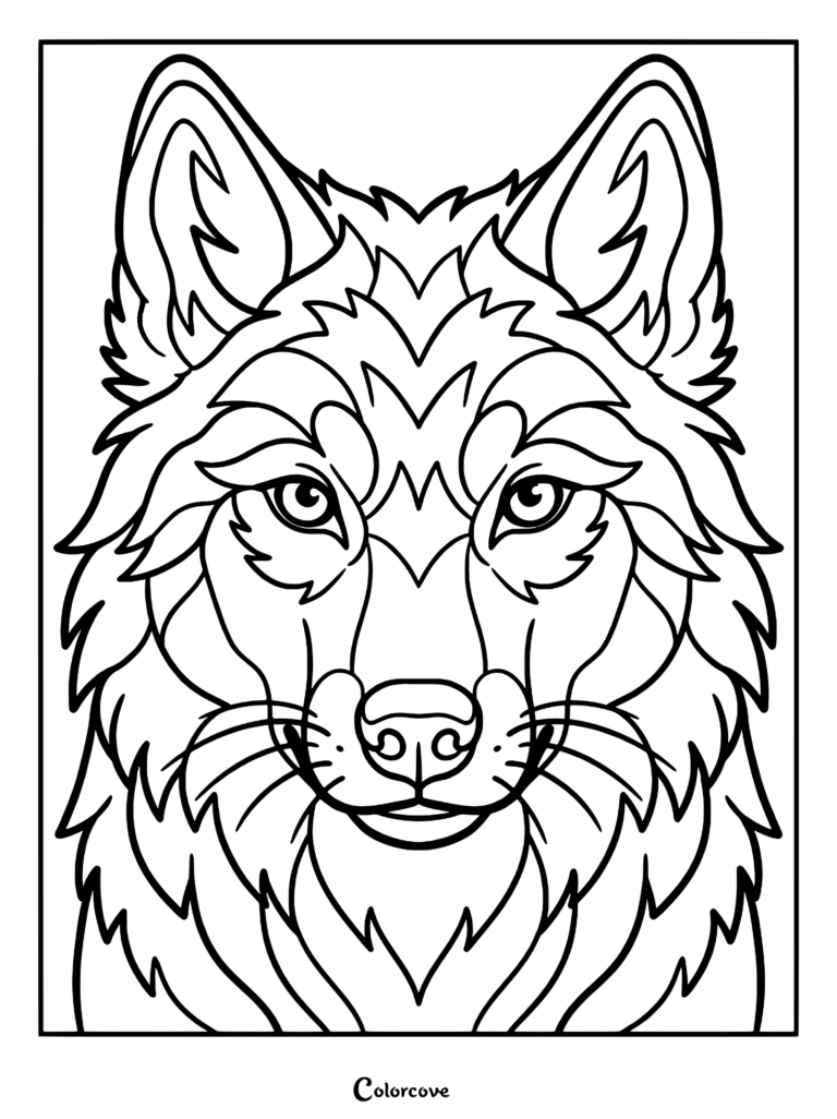 A detailed line art coloring page featuring a close-up portrait of a majestic wolf with thick fur and alert eyes.