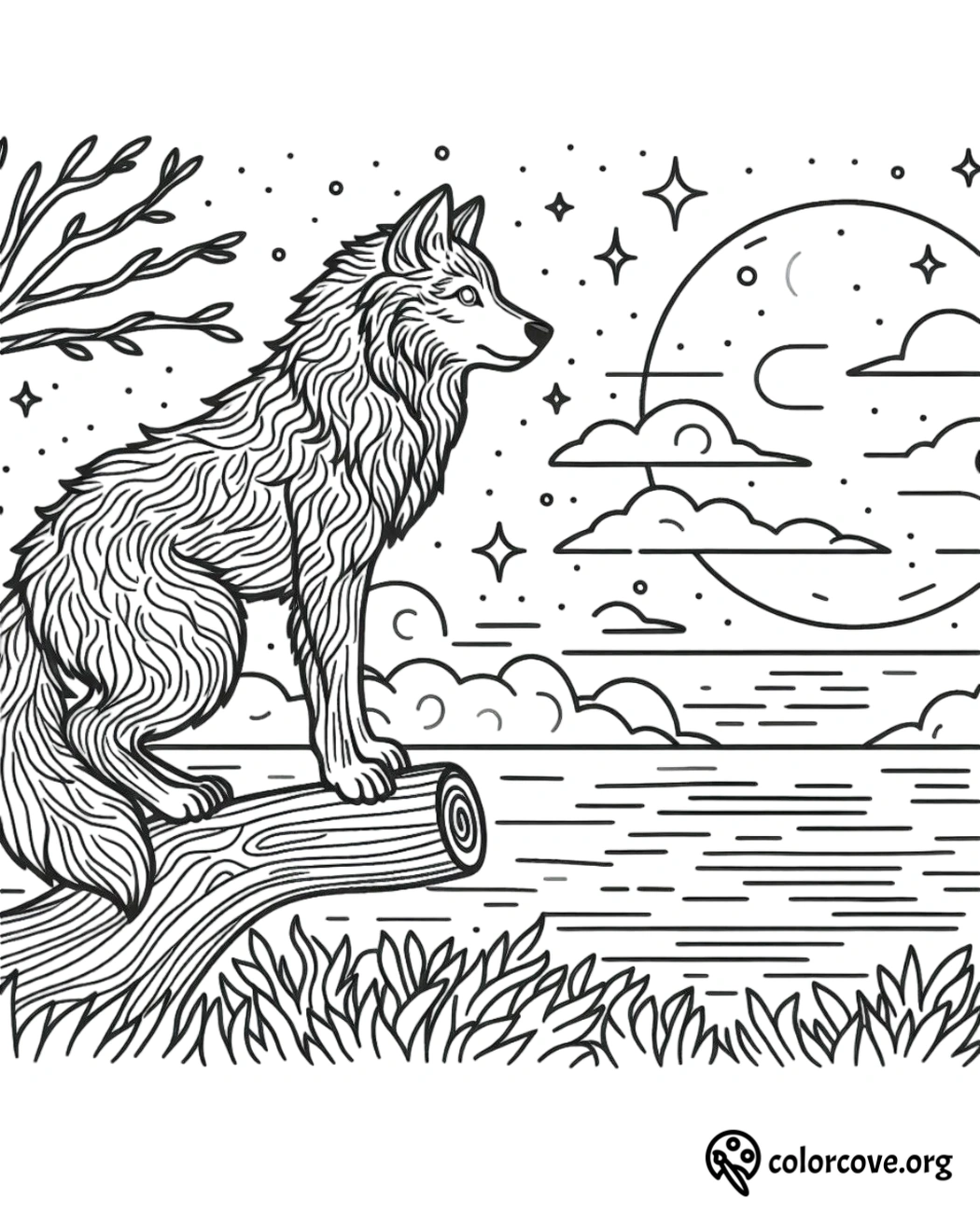 a black and white drawing of a wolf on a log