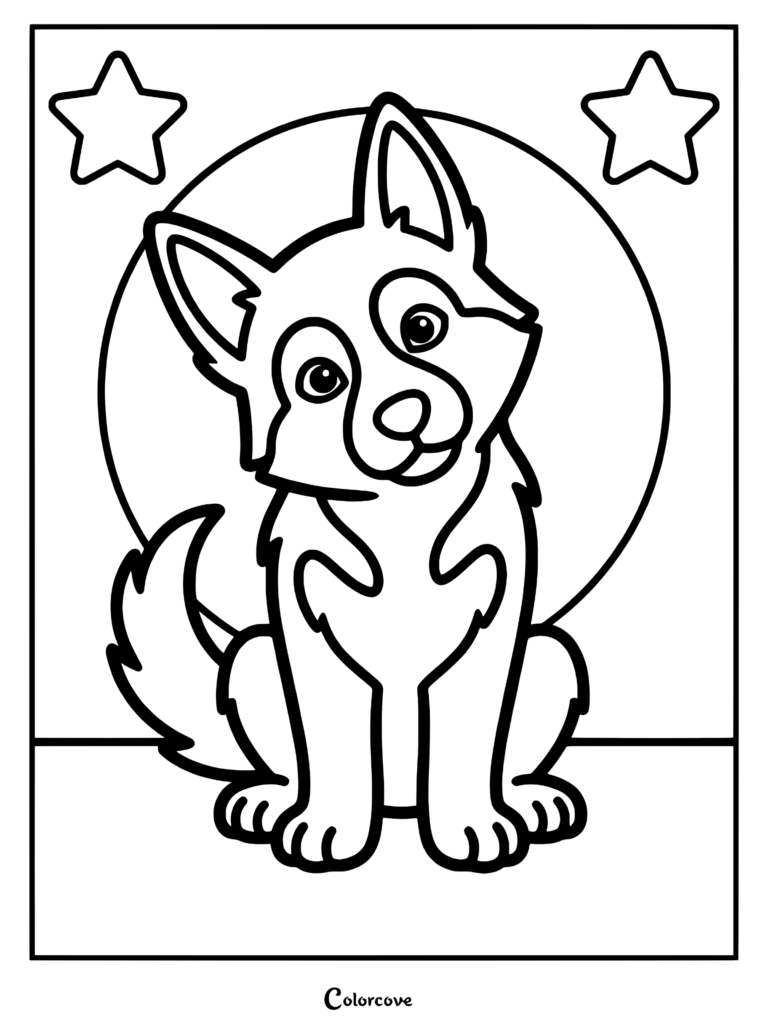 A cute wolf sitting in front of a large moon with two stars in this printable coloring page.