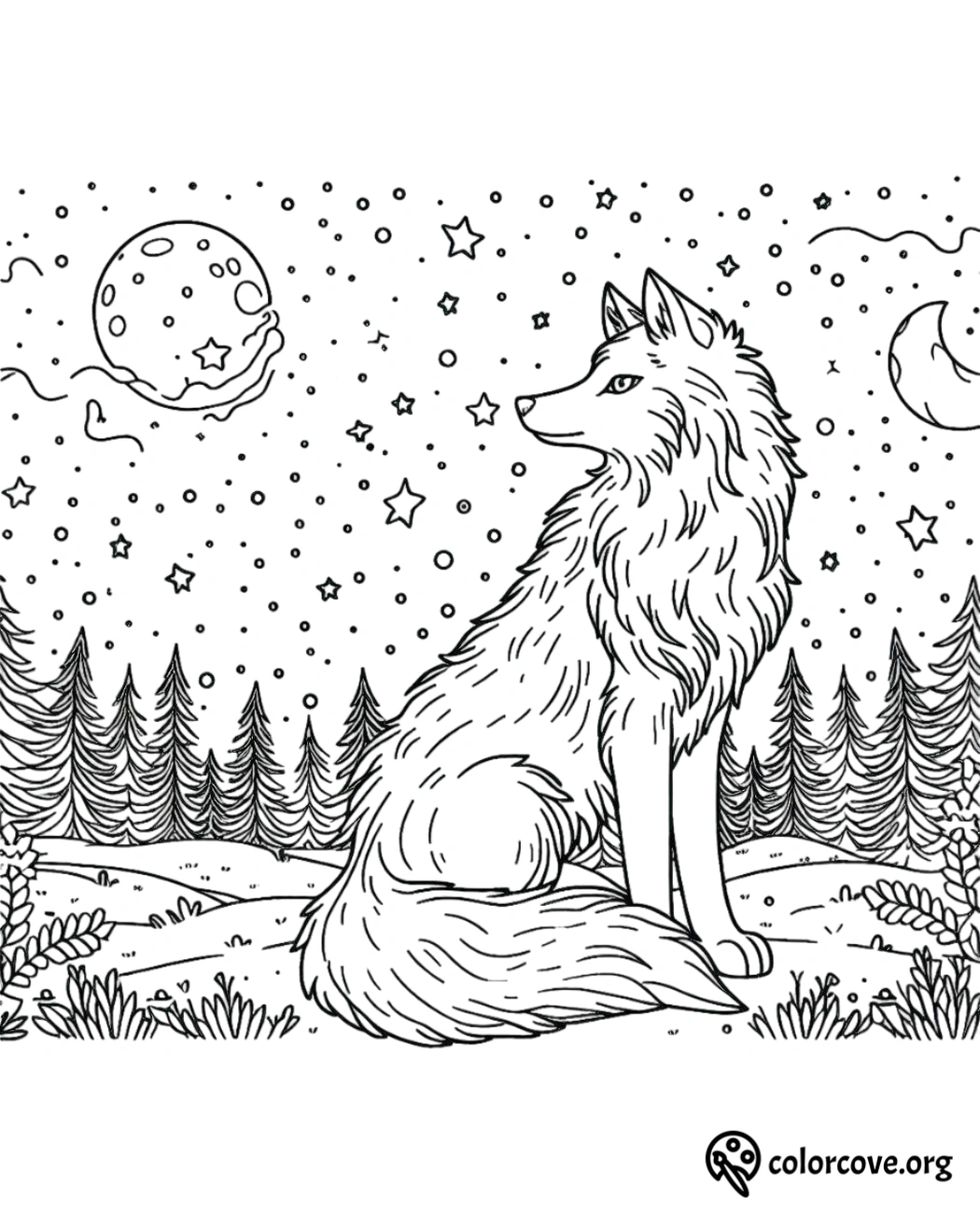 a black and white drawing of a wolf sitting in a forest