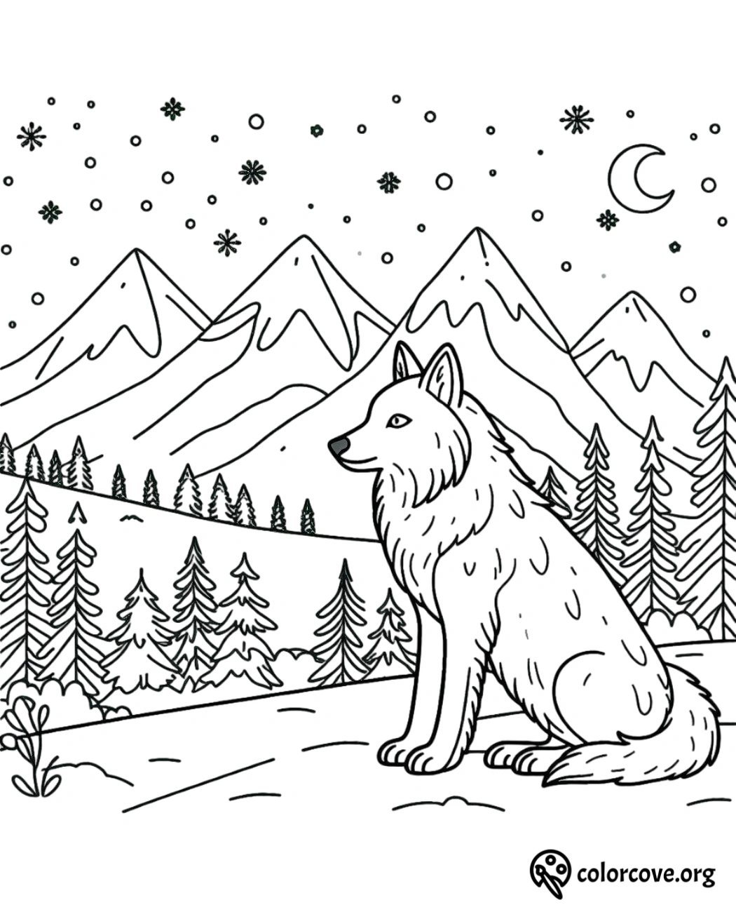 a black and white drawing of a wolf sitting in a snowy forest