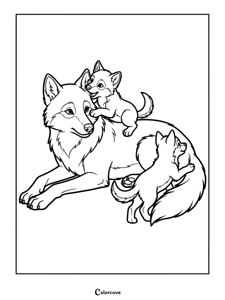 A mother wolf lying down while two small wolf pups climb on her back and tail in this printable coloring page.