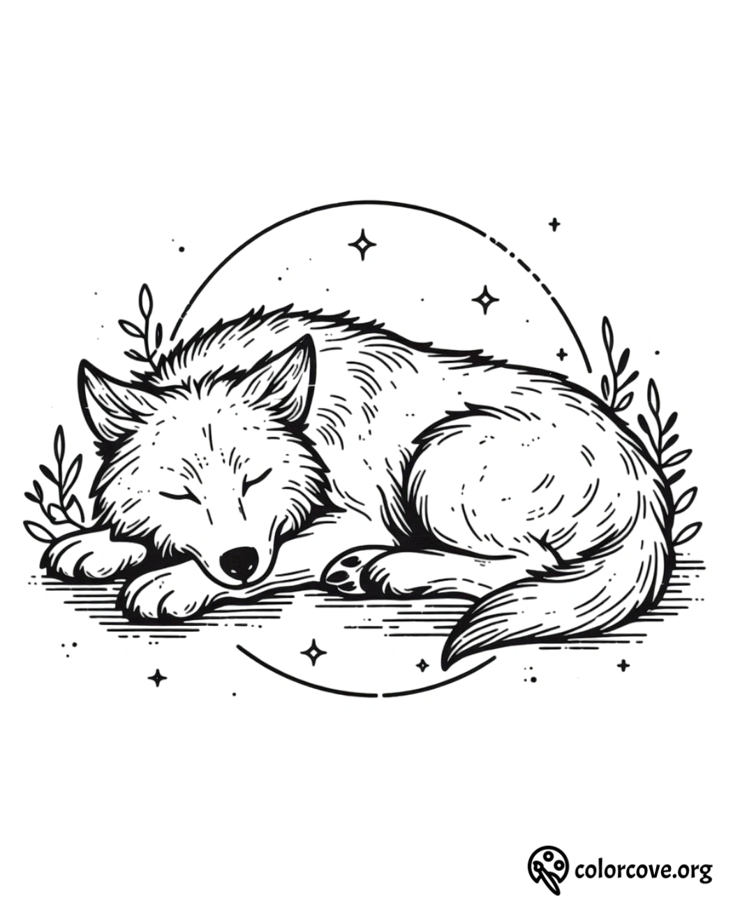 a black and white drawing of a sleeping wolf