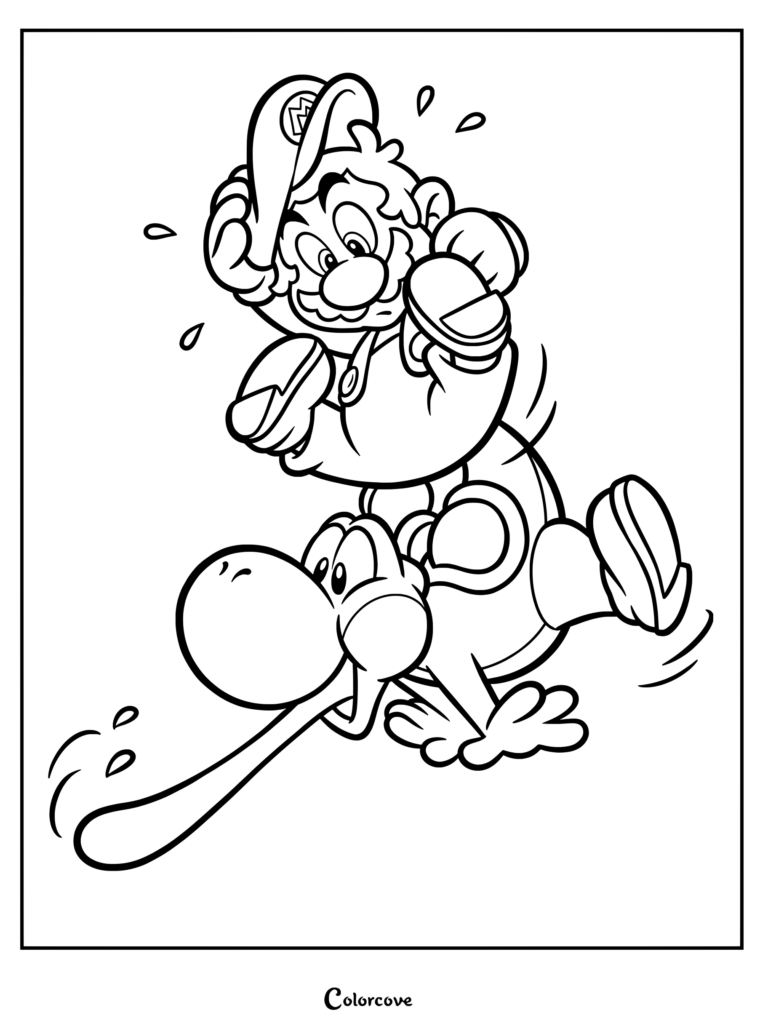 Página para colorear imprimible de Mario sujetándose el sombrero mientras monta a Yoshi, quien saca la lengua