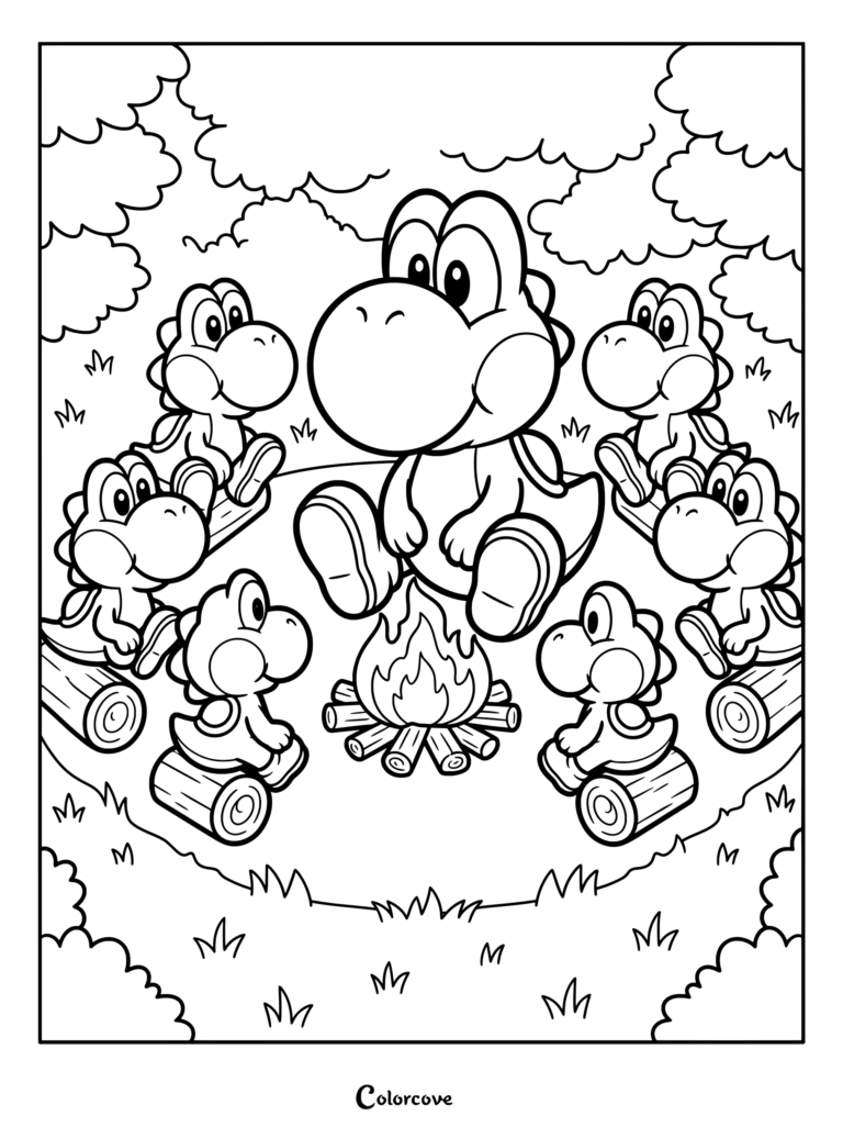 Página para colorear de Yoshi y bebés Yoshi sentados en troncos alrededor de una fogata