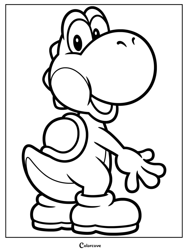 Dibujo imprimible para colorear de Yoshi mirando hacia atrás sobre su hombro