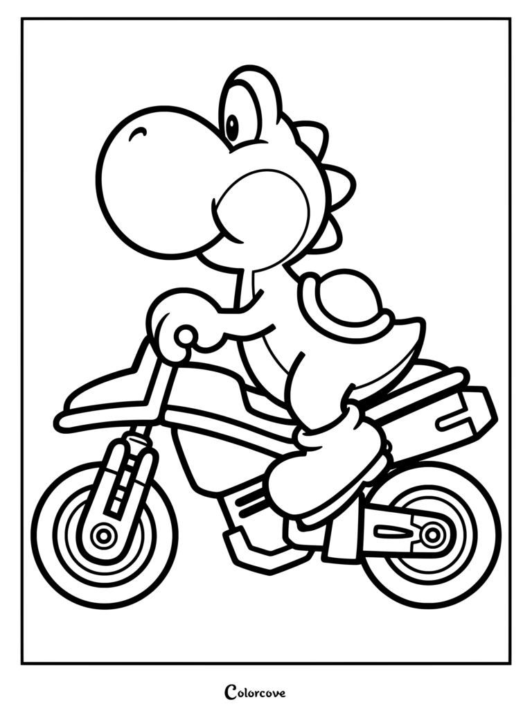 Página para colorear de Yoshi montando una motocicleta