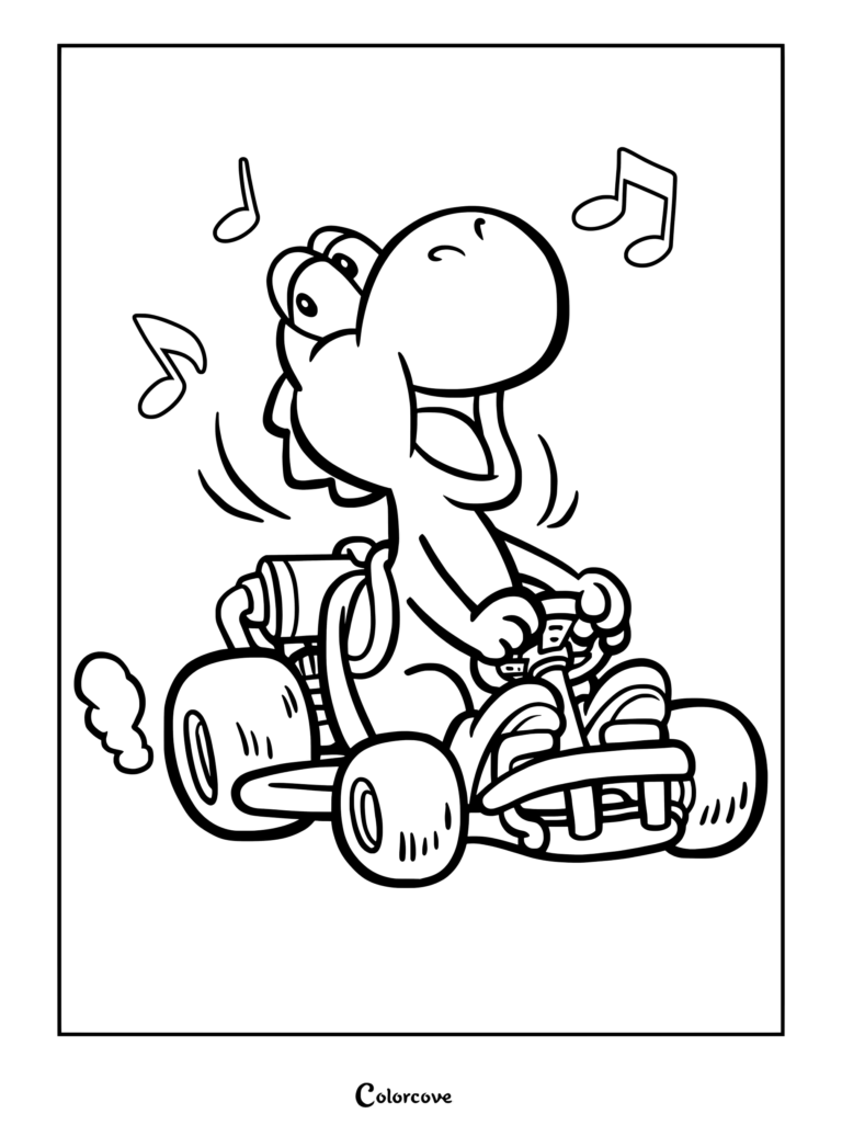 Página para colorear de Yoshi conduciendo felizmente un go-kart rodeado de notas musicales