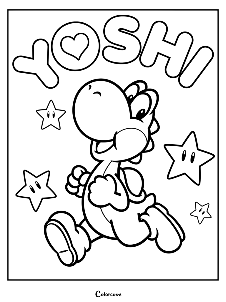 Dibujo para colorear de Yoshi corriendo feliz rodeado de estrellas sonrientes y letras en negrita