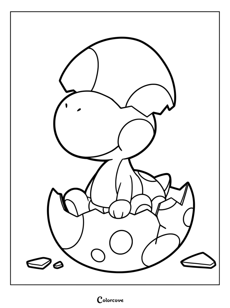 Página para colorear con arte de líneas detallado de Bebé Yoshi saliendo de un huevo