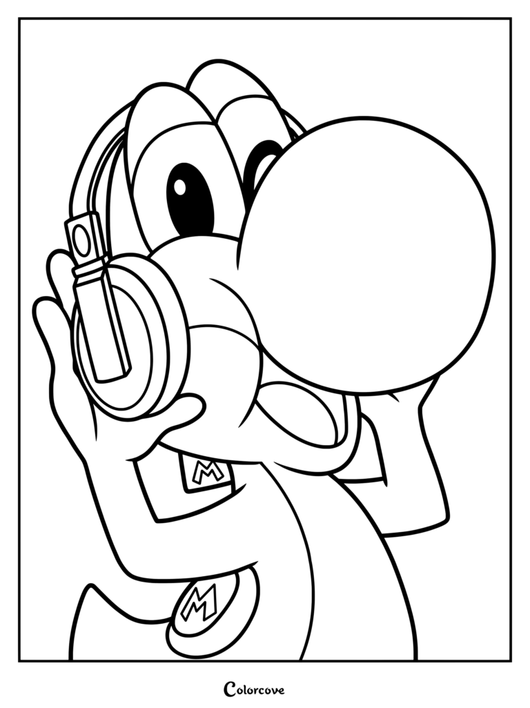 Página para colorear imprimible de Yoshi llevando auriculares grandes sobre las orejas