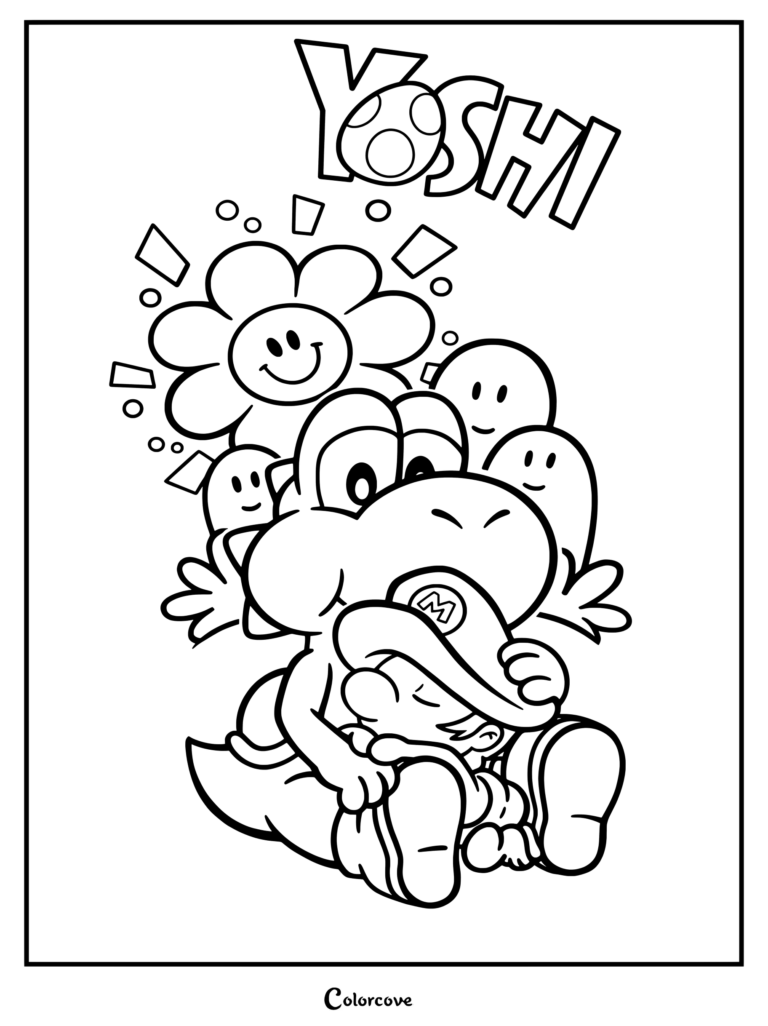 Página para colorear de Yoshi sosteniendo a Bebé Mario con una gran flor sonriente y pequeños espíritus