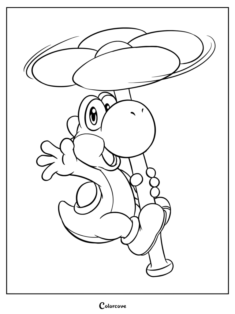 Divertida página para colorear imprimible de Yoshi volando alto mientras se sujeta a una flor helicóptero giratoria.