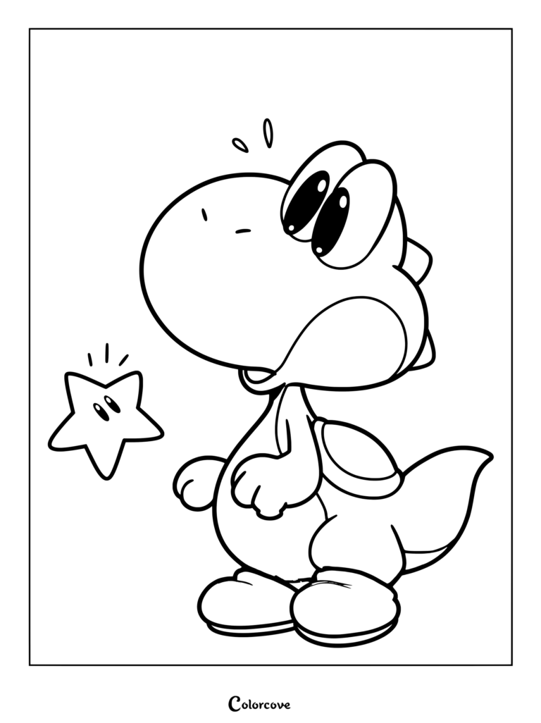 Dibujo imprimible para colorear de Yoshi mirando sorprendido a una estrella brillante