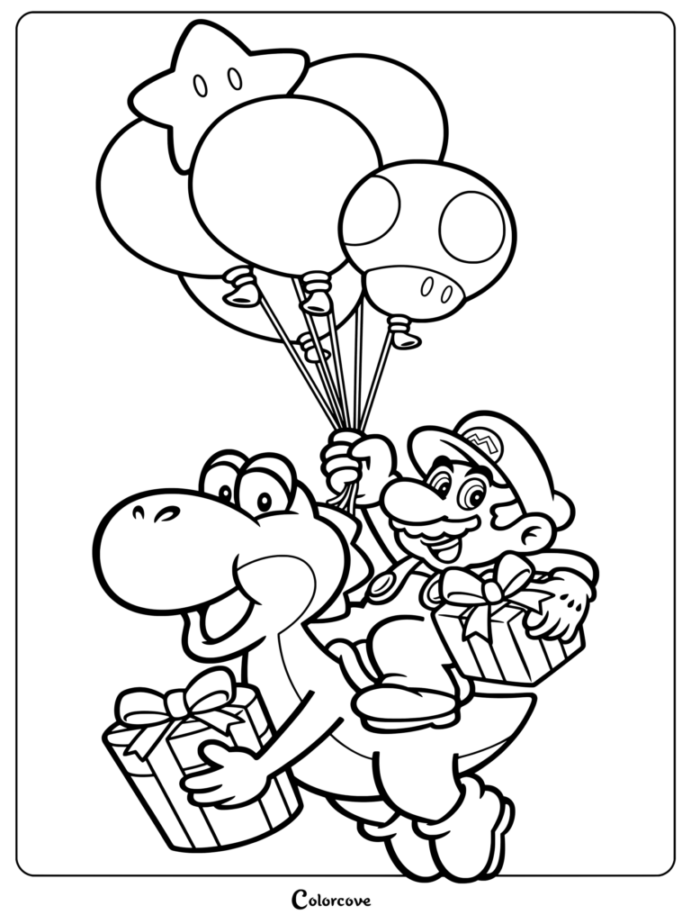 Página para colorear de Mario montando a Yoshi mientras sostiene globos y cajas de regalo
