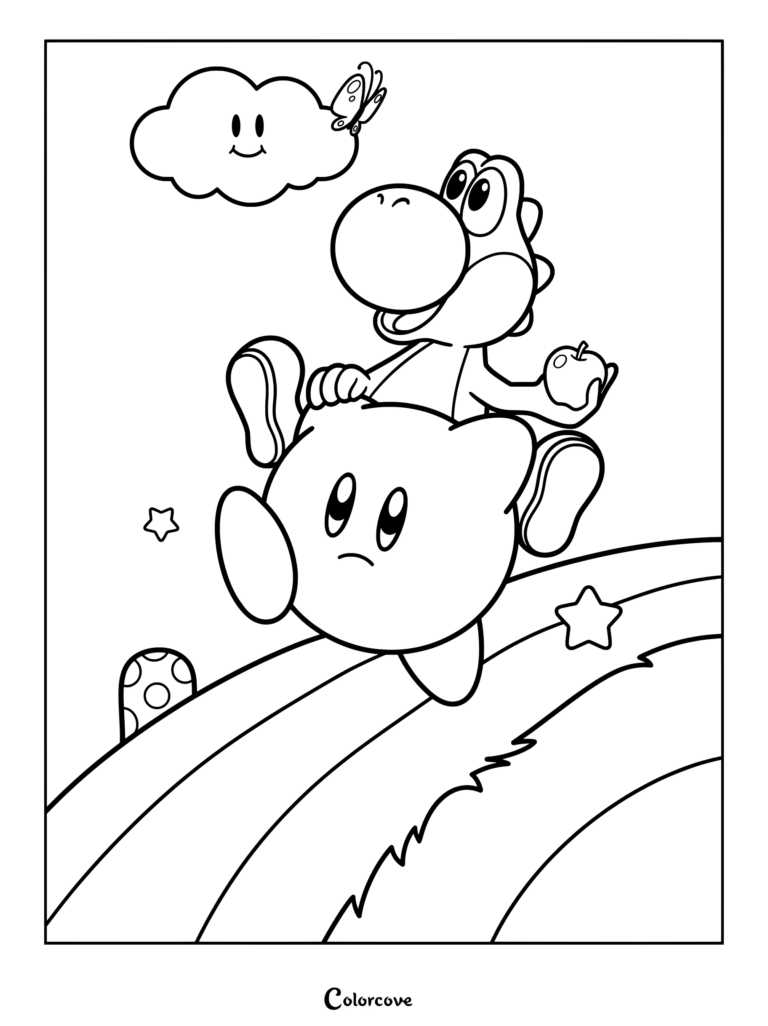 Página para colorear con Yoshi montado sobre la espalda de Kirby mientras sostiene una manzana, cerca de una nube sonriente con una mariposa, sobre un arcoíris