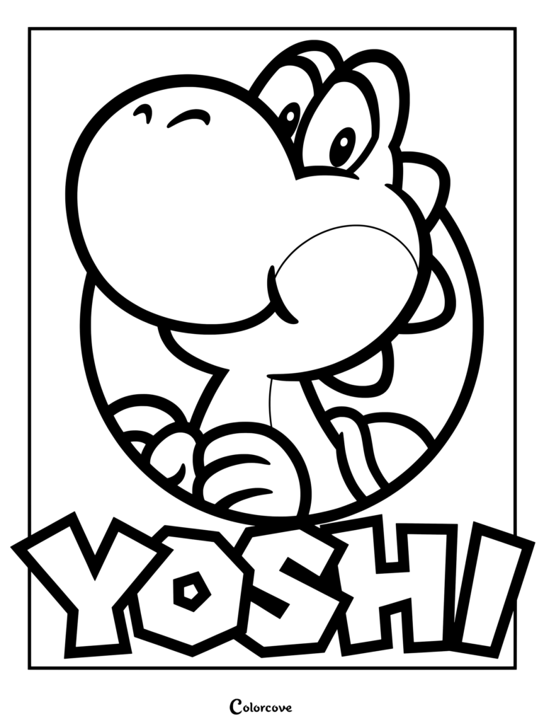 Dibujo de retrato para colorear de Yoshi dentro de un círculo con el texto Yoshi en negrita abajo