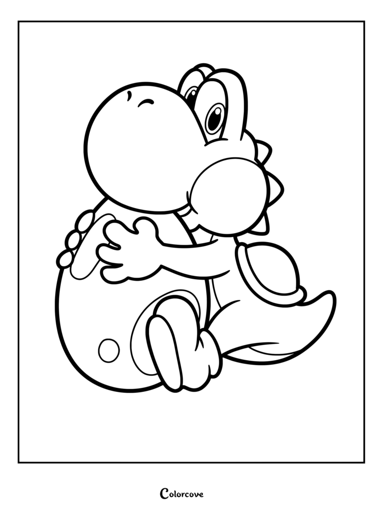 Página para colorear de Yoshi abrazando un huevo con trazos de arte de líneas gruesos para niños