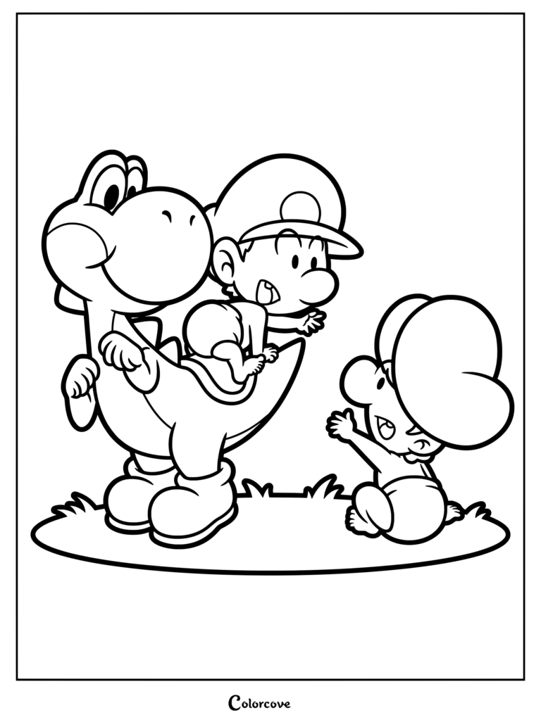 Página para colorear imprimible de Yoshi en la que lleva a Bebé Mario a la espalda mientras Bebé Luigi se estira desde la hierba