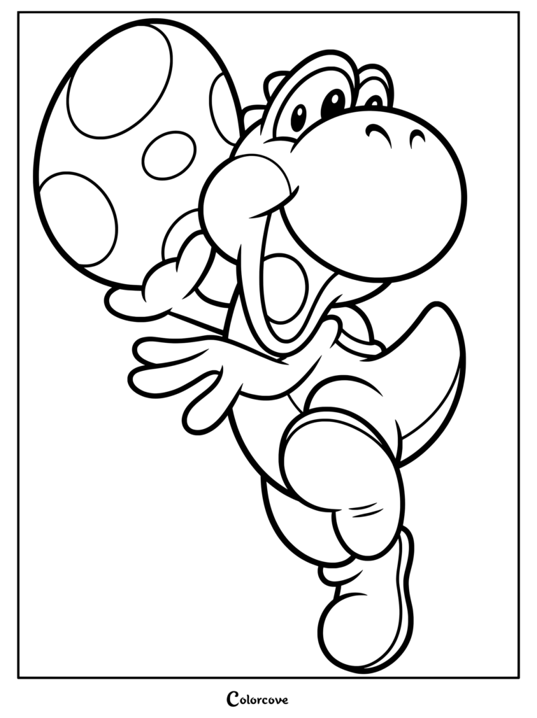 Página para colorear imprimible de Yoshi sosteniendo un huevo moteado gigante