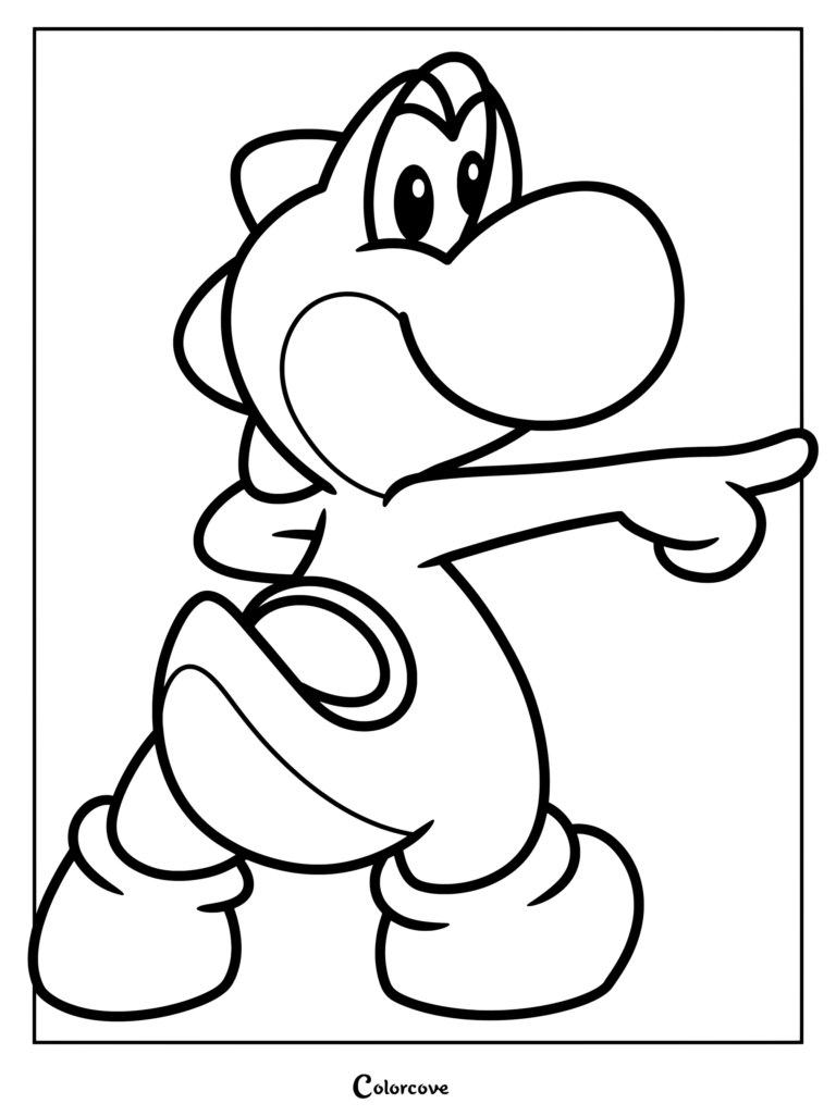 Dibujo de contorno para colorear de Yoshi señalando hacia adelante