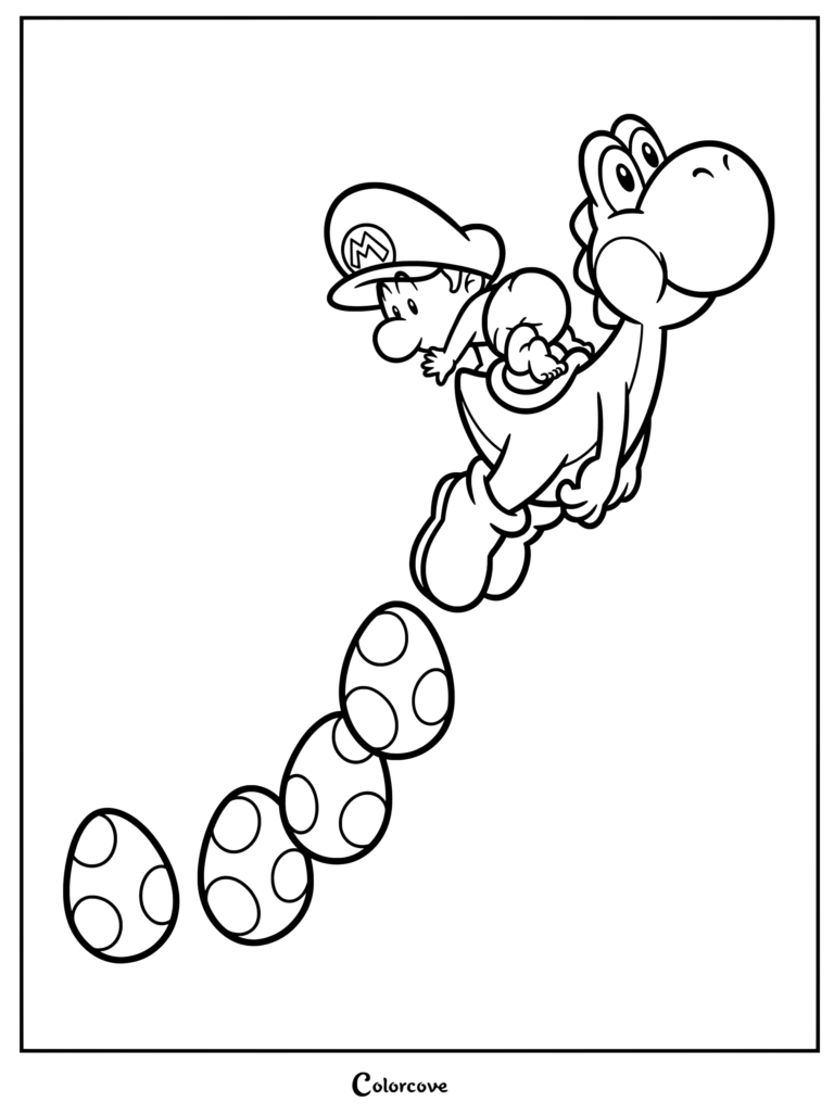 Página para colorear de Yoshi llevando a Bebé Mario con un rastro de huevos moteados
