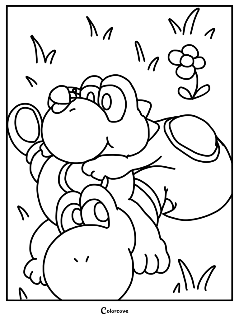Página para colorear de un Yoshi verde tumbado en la hierba con un Yoshi rosa descansando o acurrucándose encima de él
